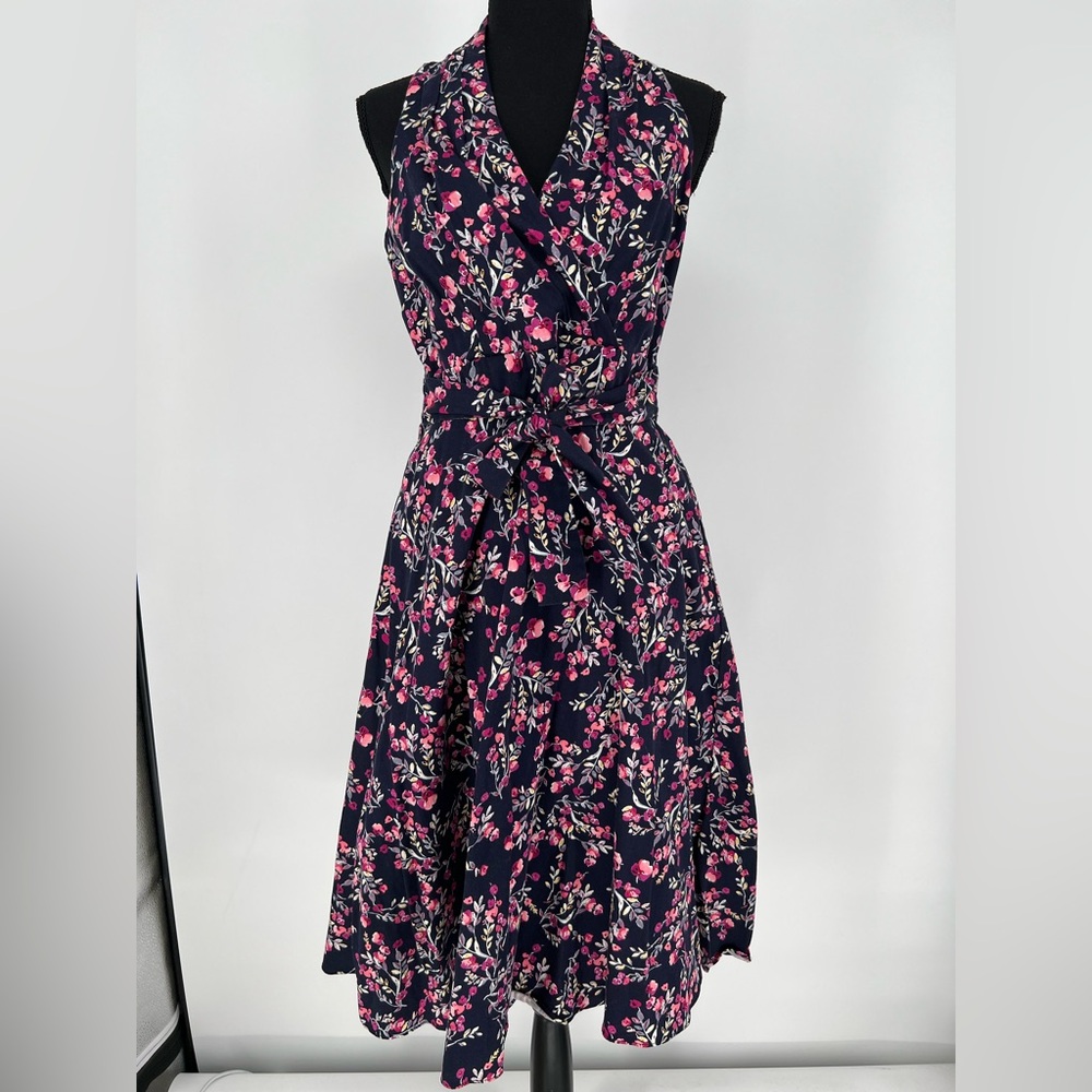 London Times‎ sleeveless fit &  flare midi dress in navy w/pink floral print.